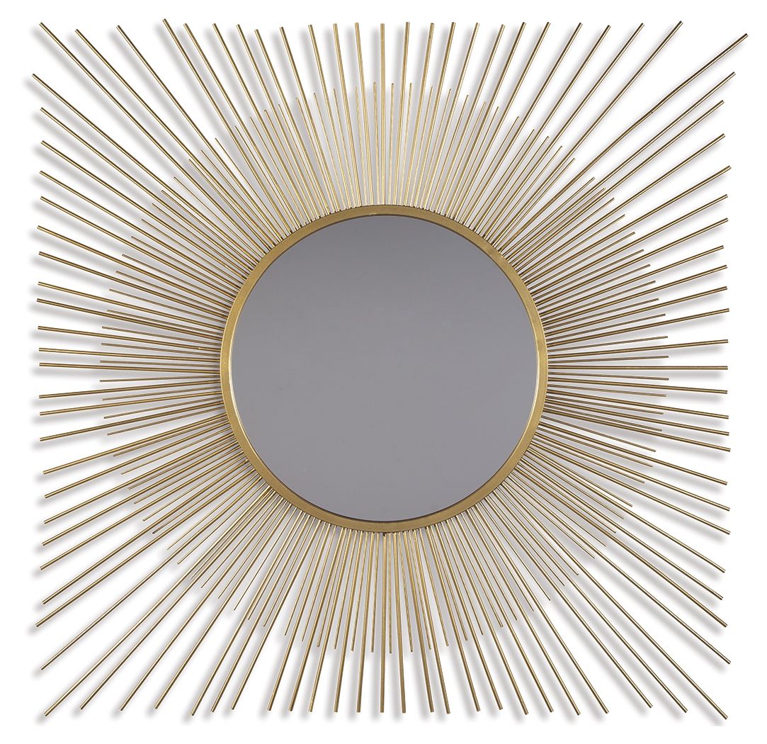 Gold accent round mirror with radiating thin rods around a dark reflective glass center