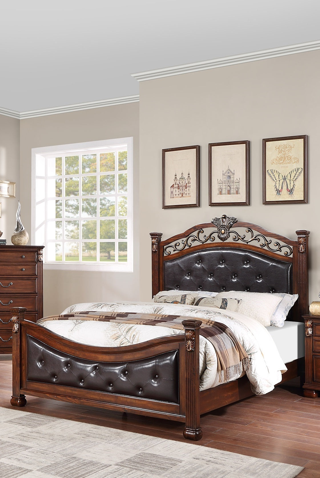 Dark Cherry Queen Bed Tufted Faux Leather Headboard Footboard