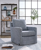 Blue upholstered swivel glider accent chair with rounded back and wide armrests