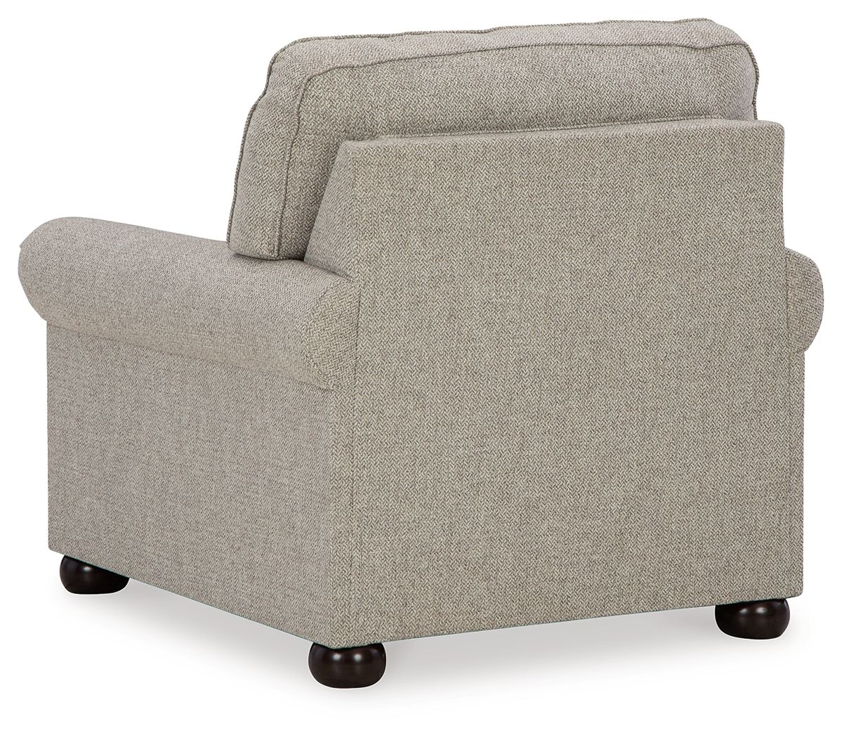 Light gray upholstered armchair-style seat with rounded back and block feet.