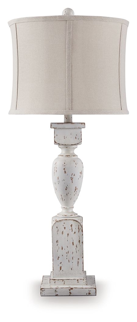 White drum-shade lamp with distressed white base and brown speckled flecks