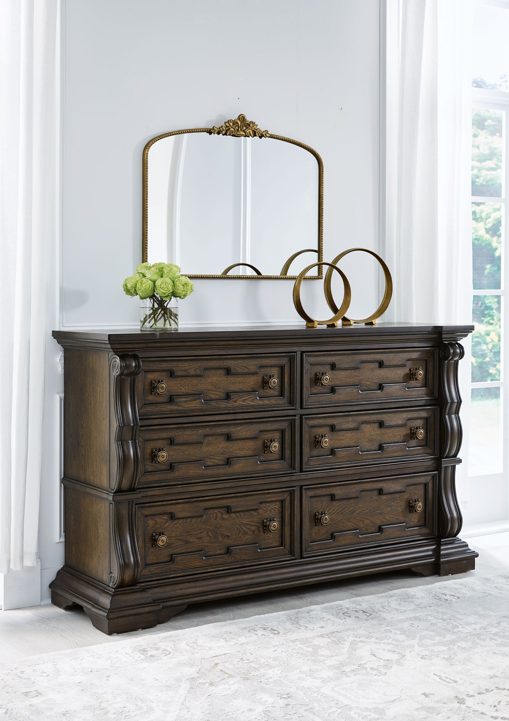 Maylee dark brown dresser with arched mirror and six drawers, bronze knobs