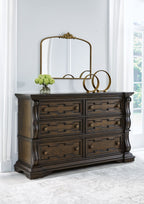 Maylee dark brown dresser with arched mirror and six drawers, bronze knobs