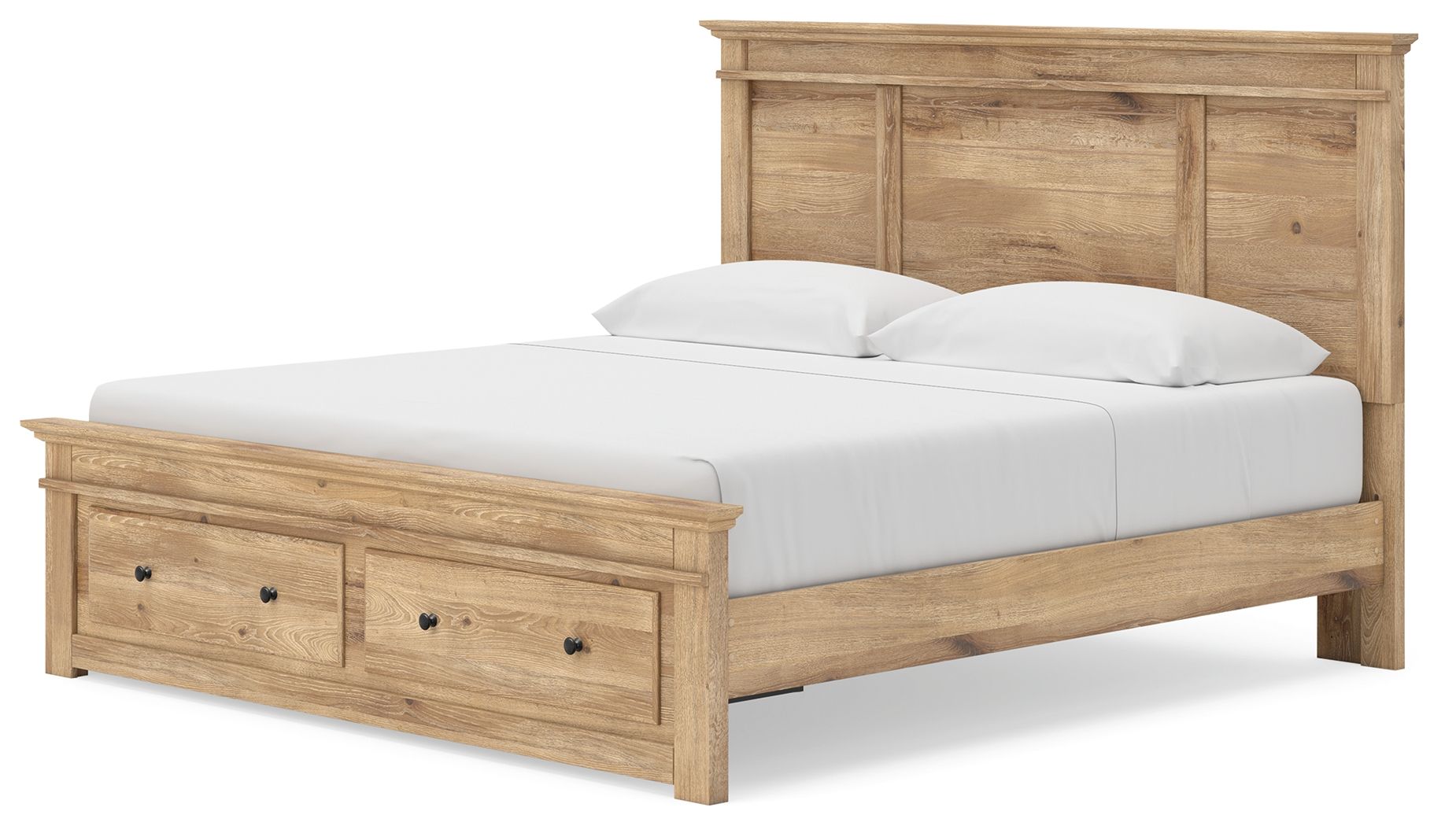 Light brown wood panel storage bed with slatted base and two front drawers