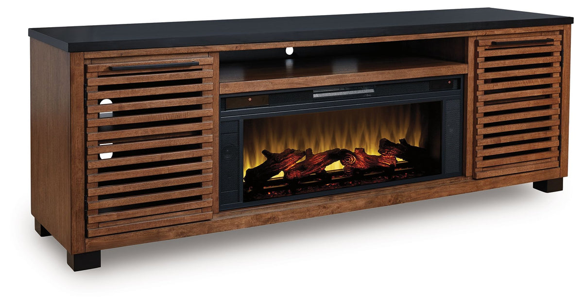 Dark brown TV stand with built-in fireplace and slatted side panels