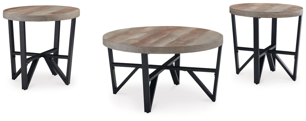 Set of 3 round tables: grayish-brown tops, black X-style legs