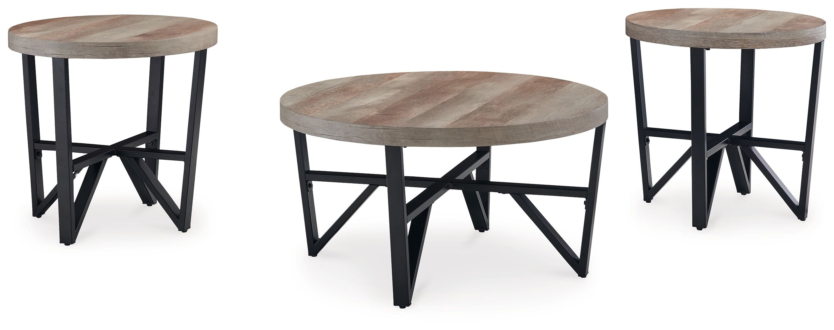 Set of 3 round tables: grayish-brown tops, black X-style legs