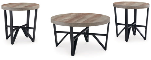Set of 3 round tables: grayish-brown tops, black X-style legs