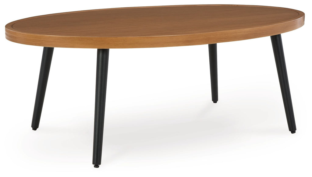 Round two-tone wood cocktail table with light brown top and dark legs