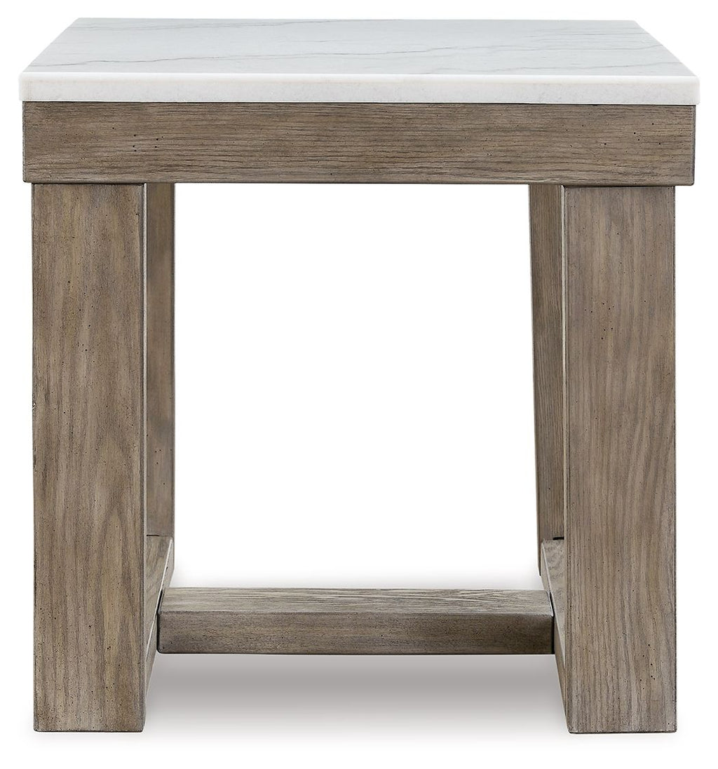 Square end table with white marble-look top and brown wood sides, open shelf base
