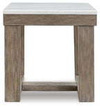 Square end table with white marble-look top and brown wood sides, open shelf base