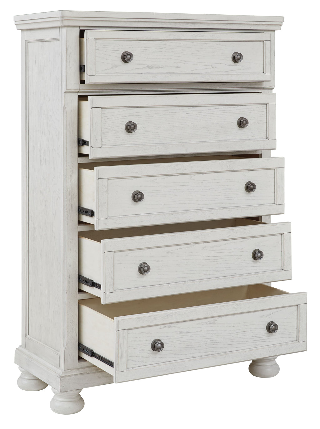 Antique white five-drawer chest with drawers pulled out and round knob pulls