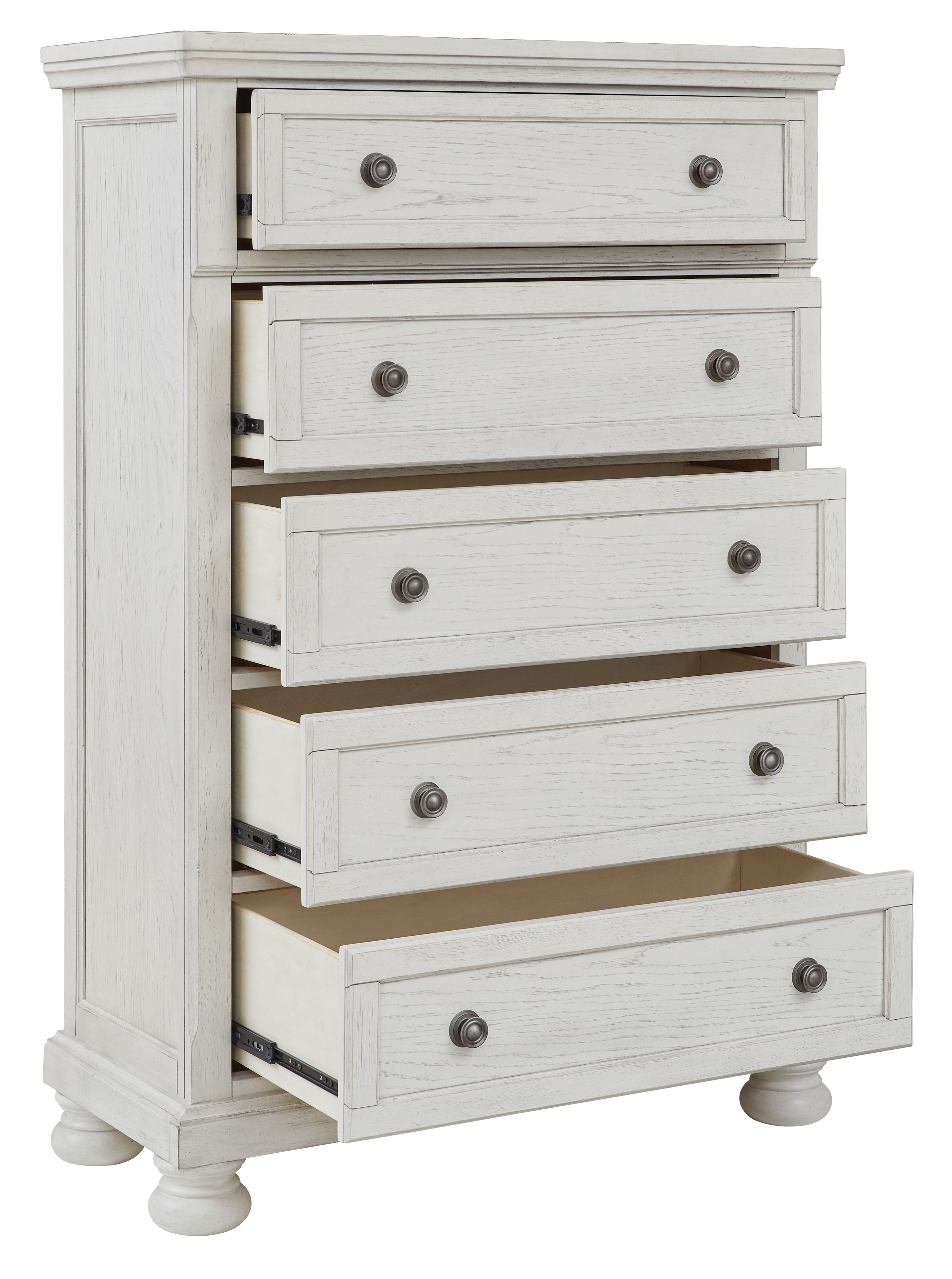 Antique white five-drawer chest with drawers pulled out and round knob pulls