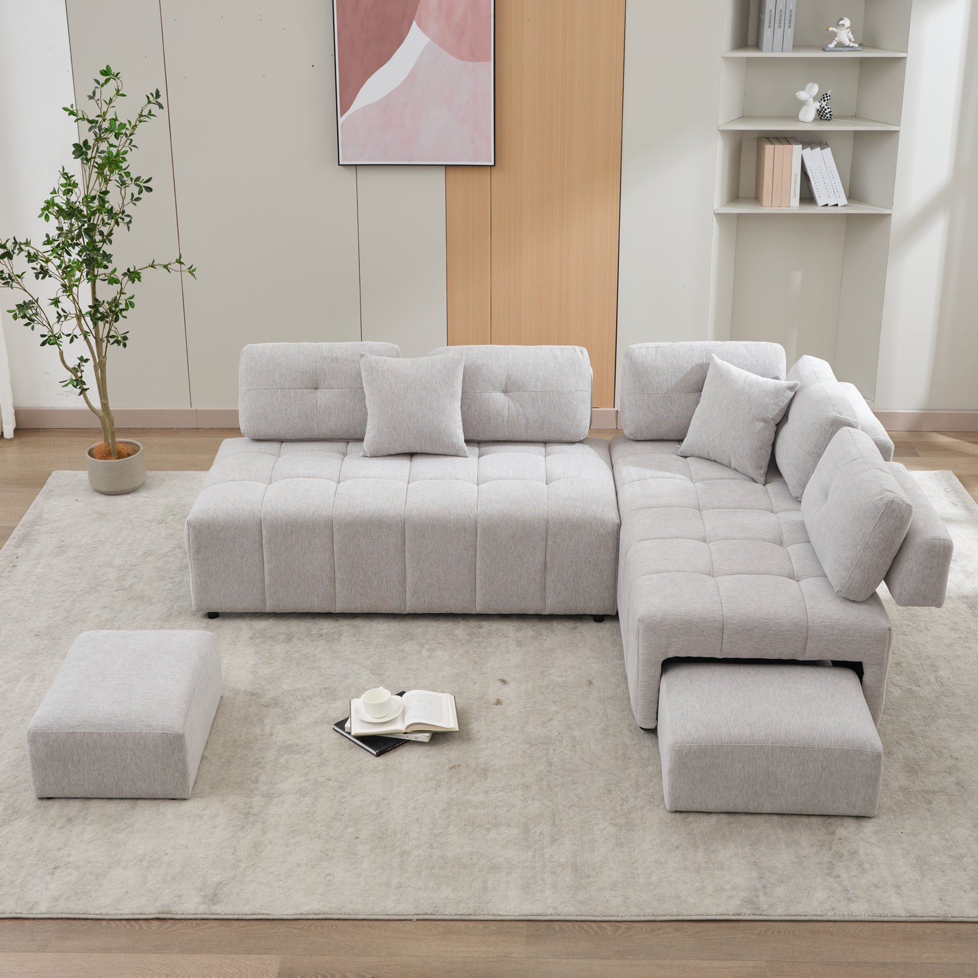 L-Shaped Sectional Sofa Couch w/ Stools & Pillows | Light Grey