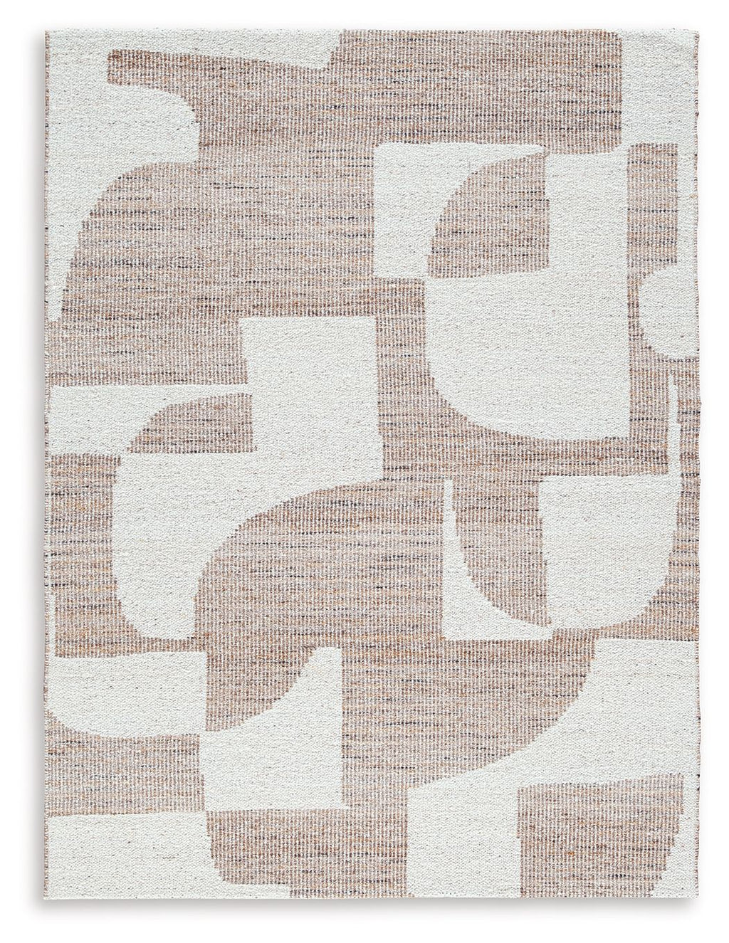 Beige and white abstract block pattern rug with textured surface and square edge