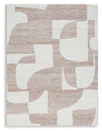 Beige and white abstract block pattern rug with textured surface and square edge