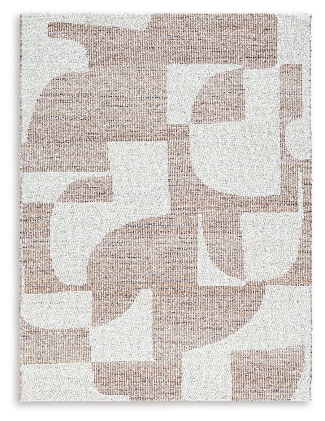 Beige and white abstract block pattern rug with textured surface and square edge