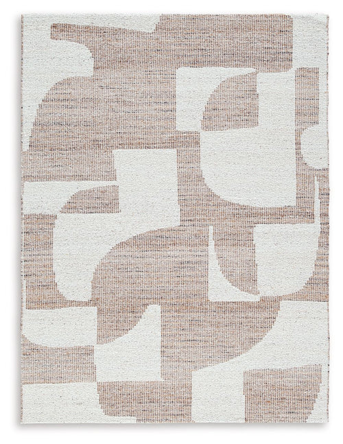 Beige and white abstract block pattern rug with textured surface and square edge