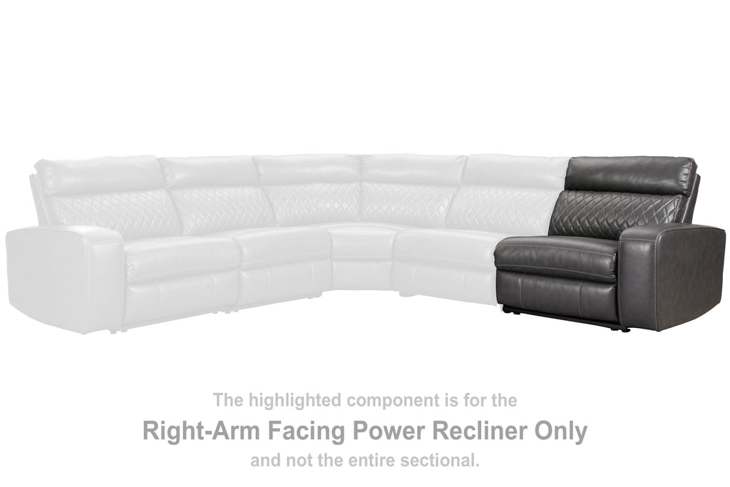 Modular sectional with right-arm facing power recliner, dark gray upholstery