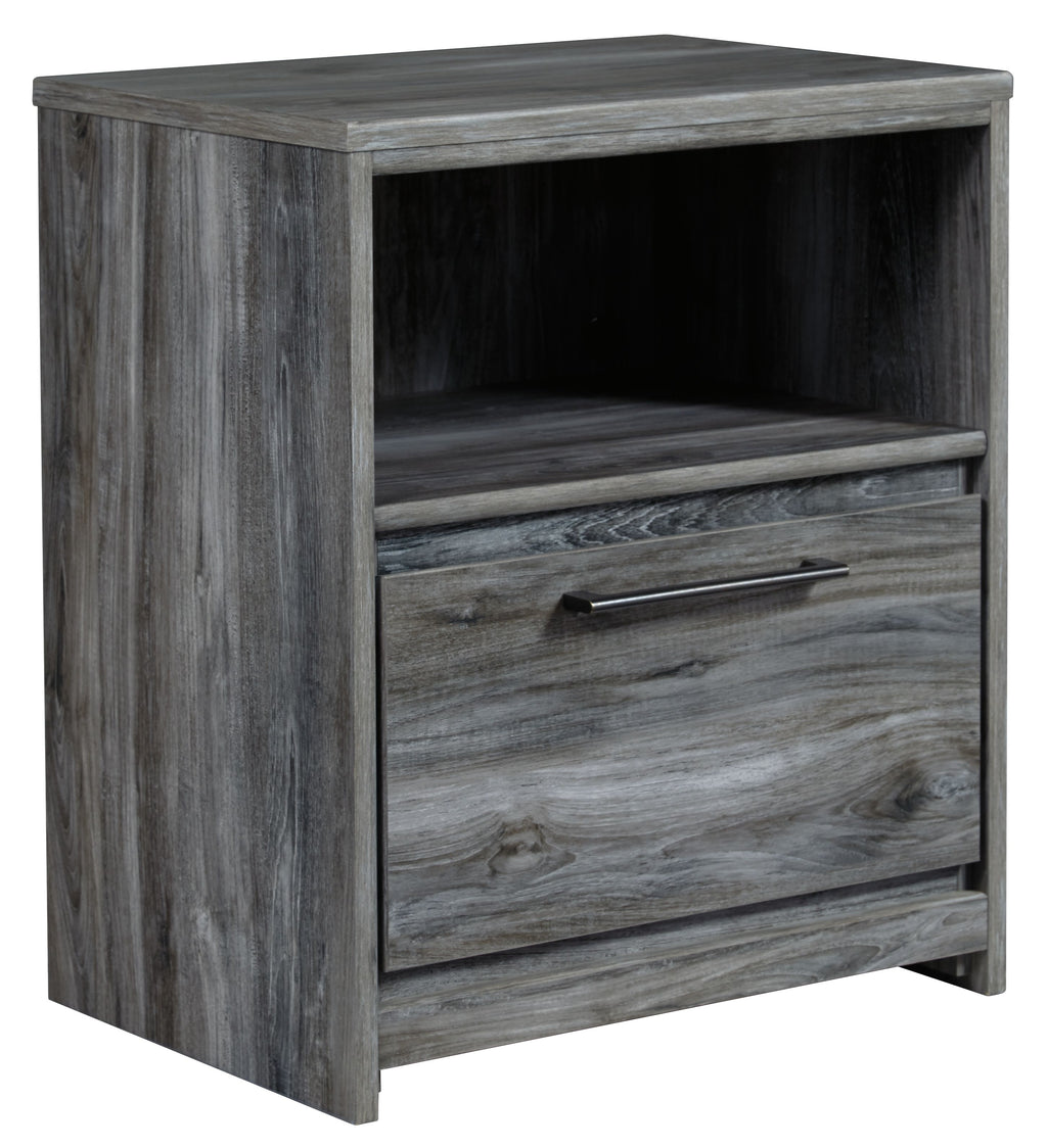 Gray one-drawer nightstand with open shelf and horizontal drawer handle, wood grain.