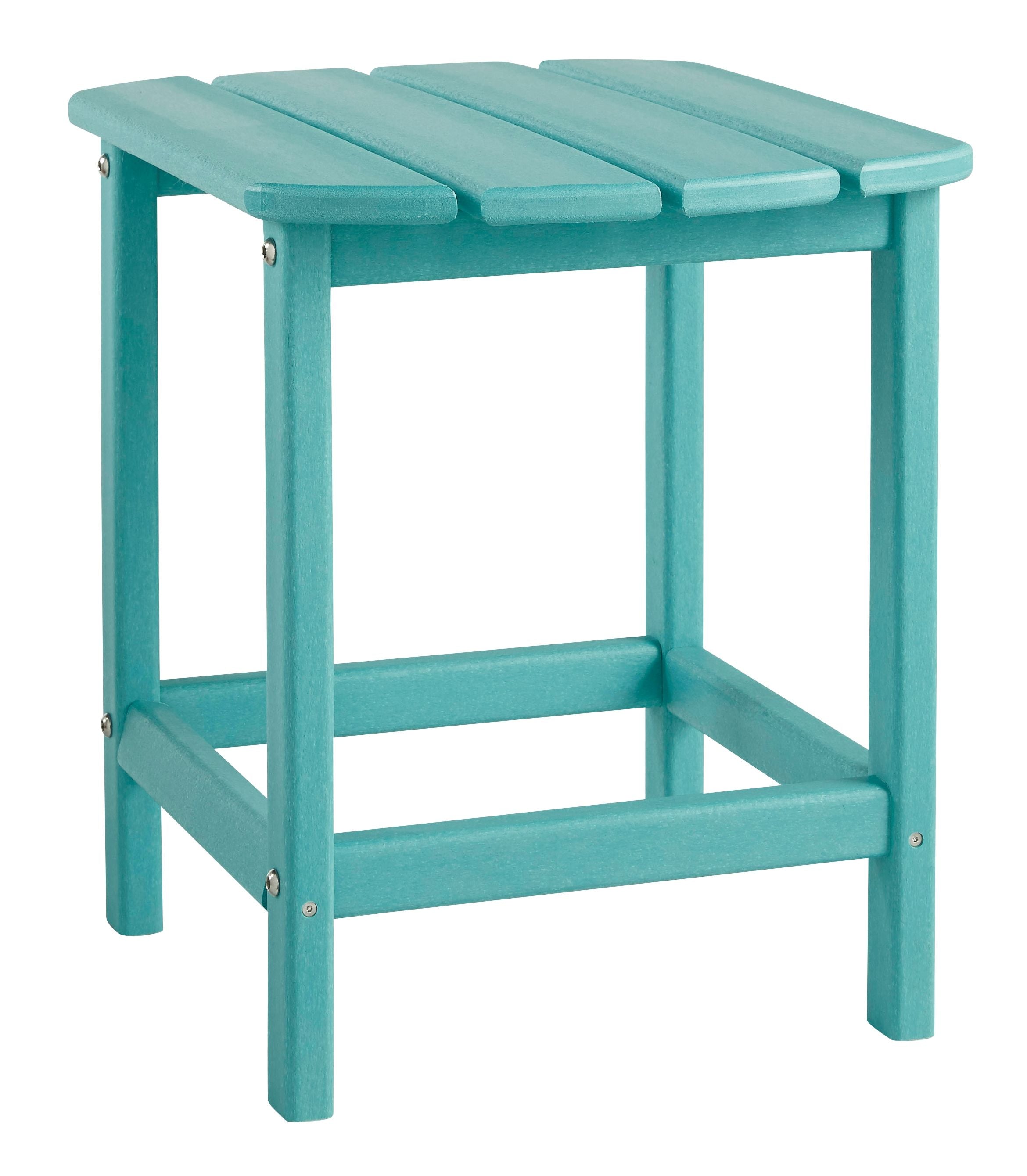 Turquoise outdoor end table with slatted top and open lower shelf, compact design