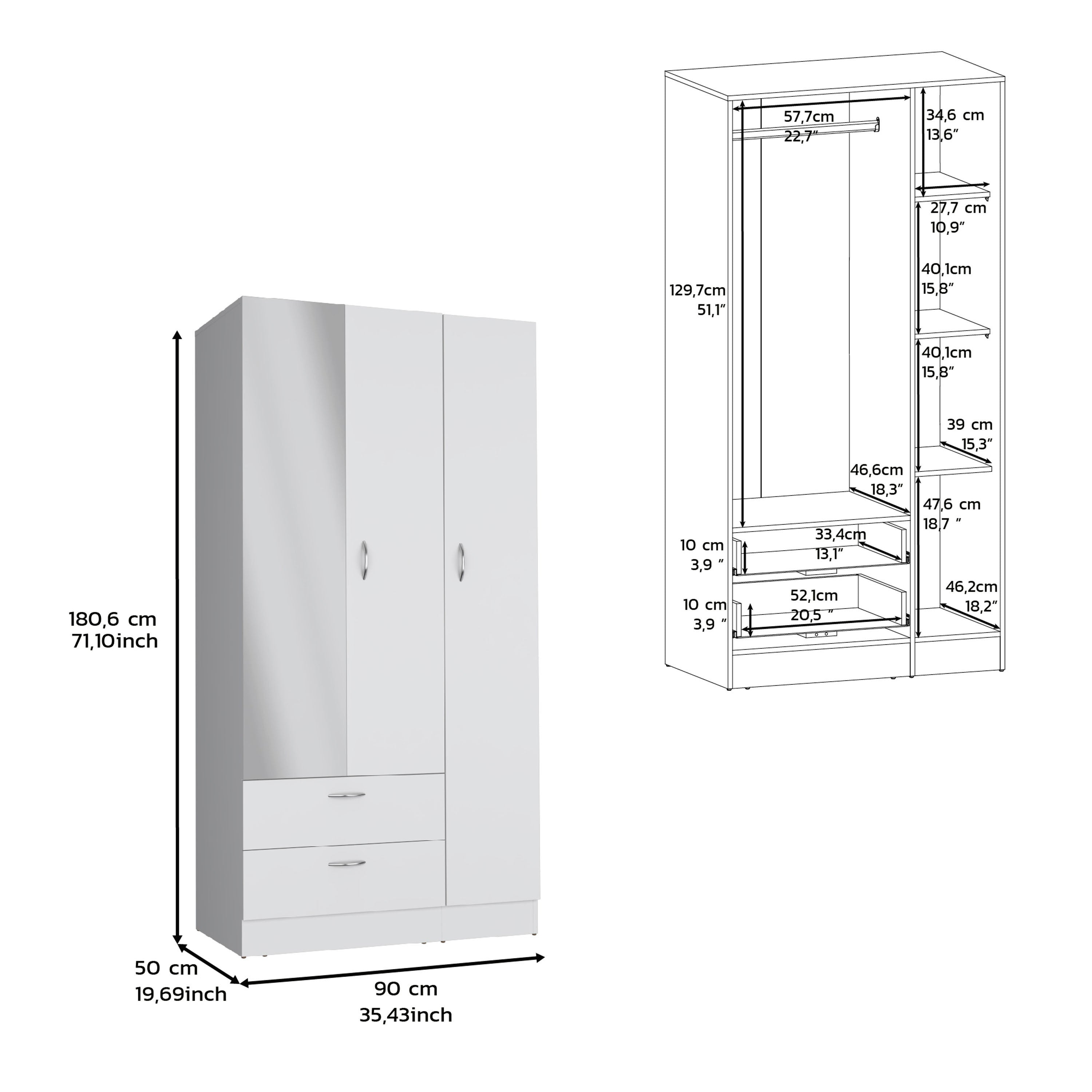 White Wardrobe w/ Mirror, Drawers & Shelves