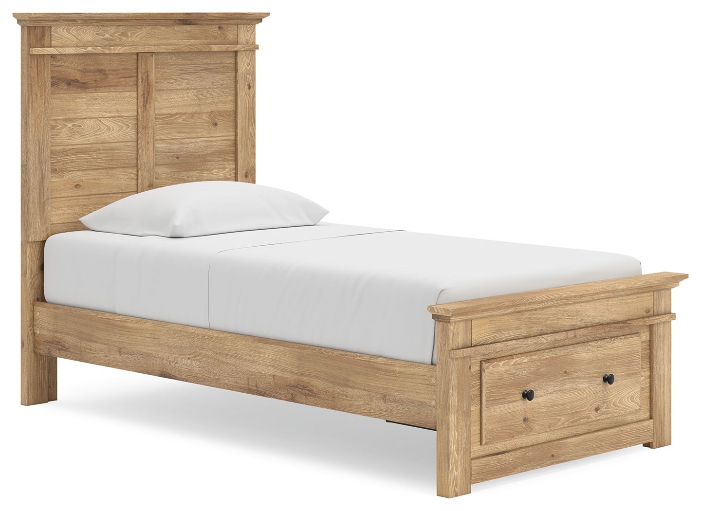 Panel storage bed with light brown wood frame and upholstered white mattress, side drawer storage