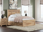 Light brown panel storage bed with two front drawers and white bedding