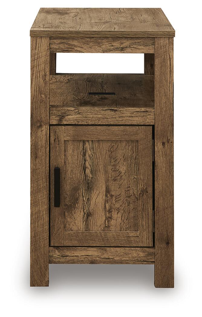 Chair side end table with open shelf and cabinet door, rustic light brown wood grain