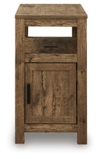 Chair side end table with open shelf and cabinet door, rustic light brown wood grain
