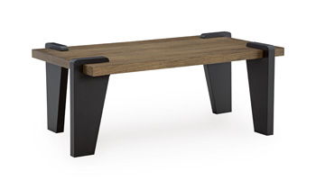 Weathermore rectangular table with wood top and black legs, corner pads