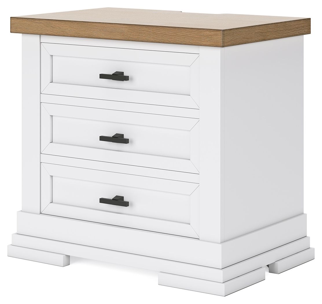 White three-drawer night stand with natural wood top and three black bar handles