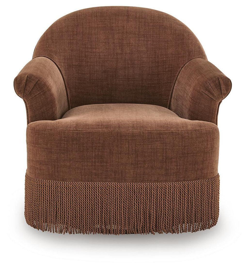 Clay swivel accent chair with curved wingback arms and fringed lower skirt, brown fabric