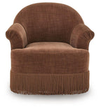 Clay swivel accent chair with curved wingback arms and fringed lower skirt, brown fabric