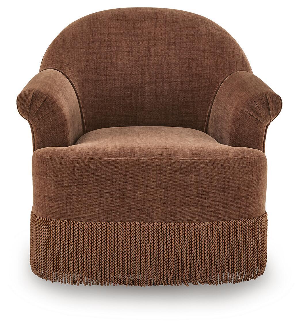 Clay swivel accent chair with curved wingback arms and fringed lower skirt, brown fabric