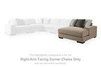 Linenhause right-side corner chaise in beige with dark legs and striped throw pillows