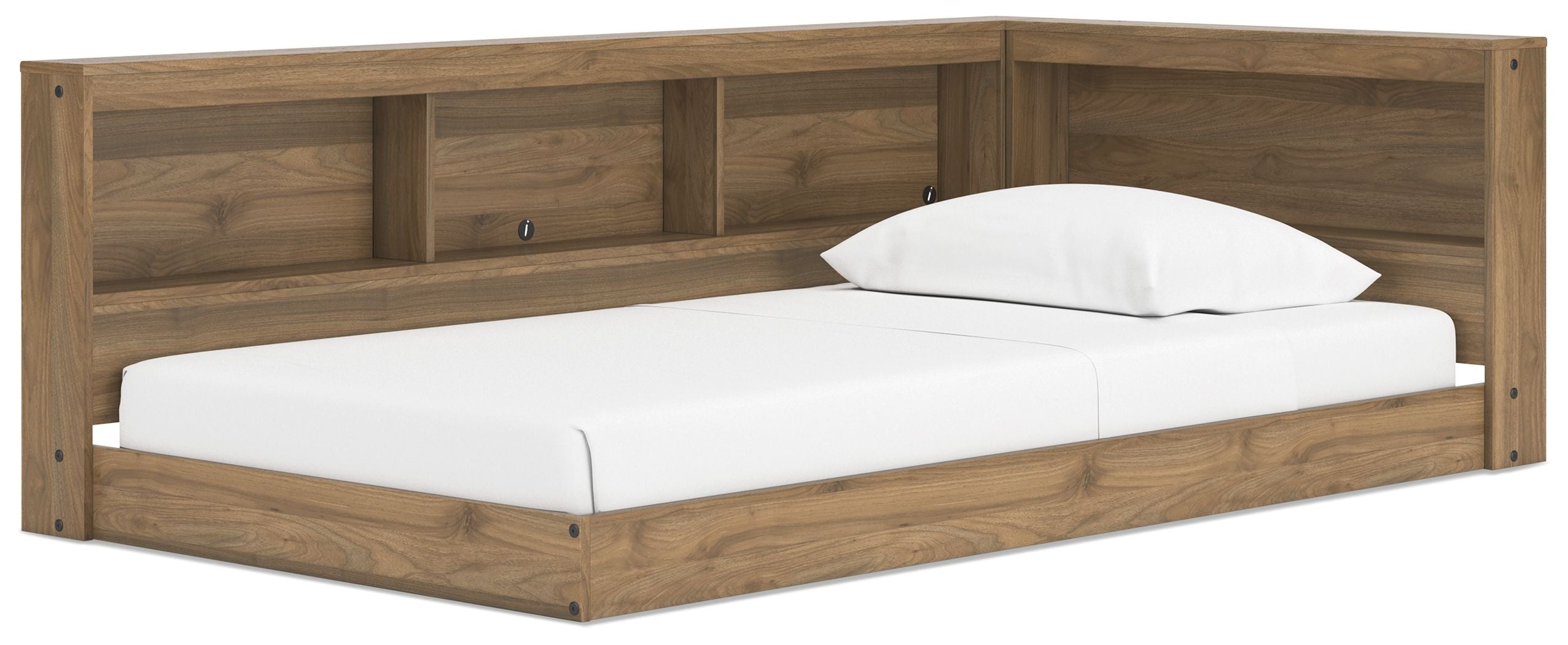 Light brown storage bed with open shelving headboard, white mattress and pillow