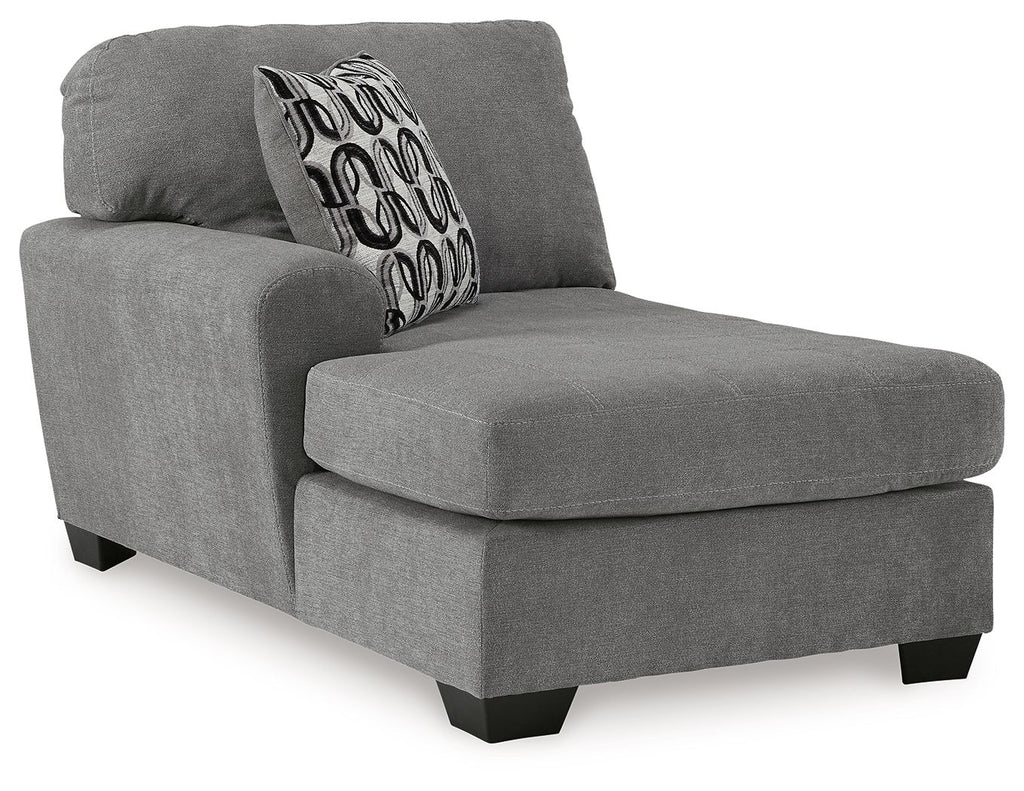 Gray corner chaise lounge with bolster back, ottoman-style chaise seat, black legs