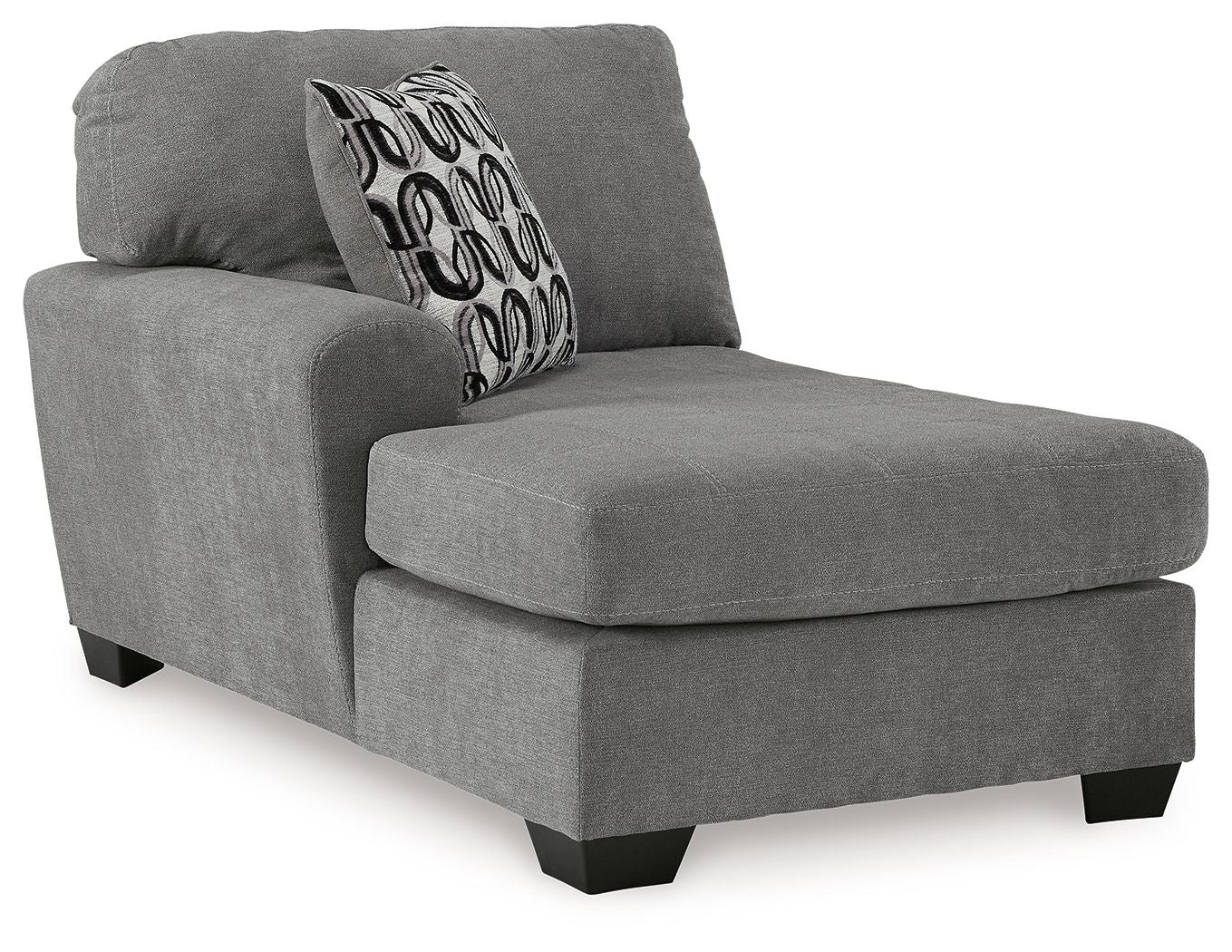Gray corner chaise lounge with bolster back, ottoman-style chaise seat, black legs