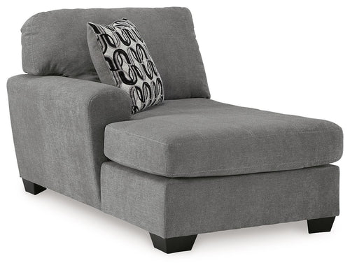 Gray corner chaise lounge with bolster back, ottoman-style chaise seat, black legs