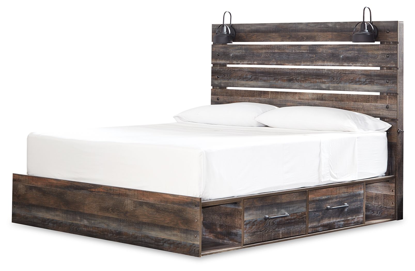 Panel bed with four side drawers in dark distressed wood, white mattress and pillows