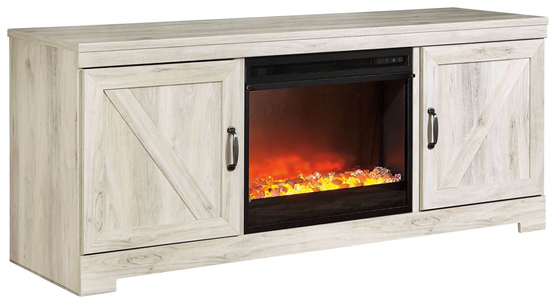Beige entertainment center TV stand with electric fireplace insert glowing orange