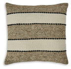 Rueford pillow in light brown woven fabric with three black striped bands