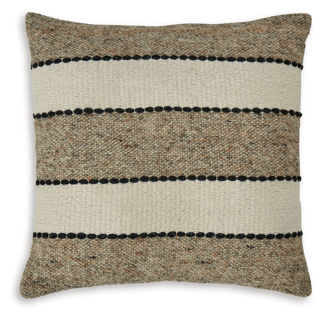 Rueford pillow in light brown woven fabric with three black striped bands