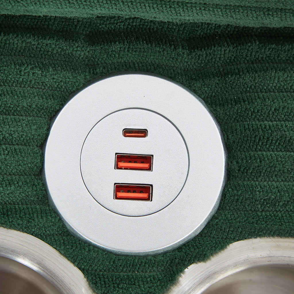 Green corduroy armrest with round USB and power outlet module