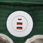 Green corduroy armrest with round USB and power outlet module