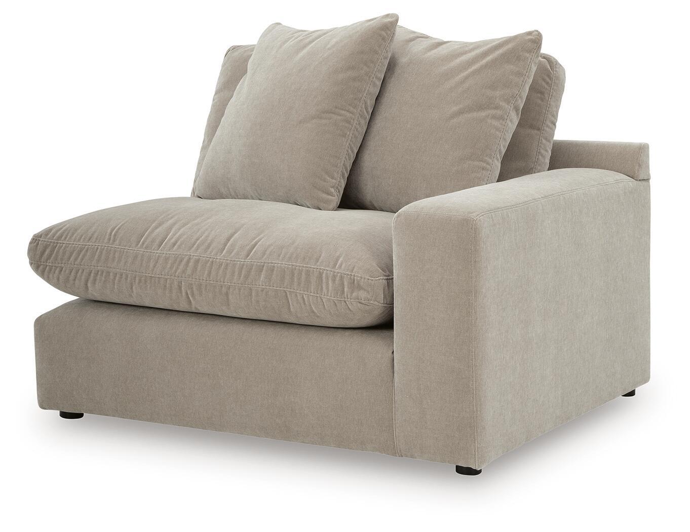 Corner chair with two back cushions, pebble gray fabric, padded rounded arms and base