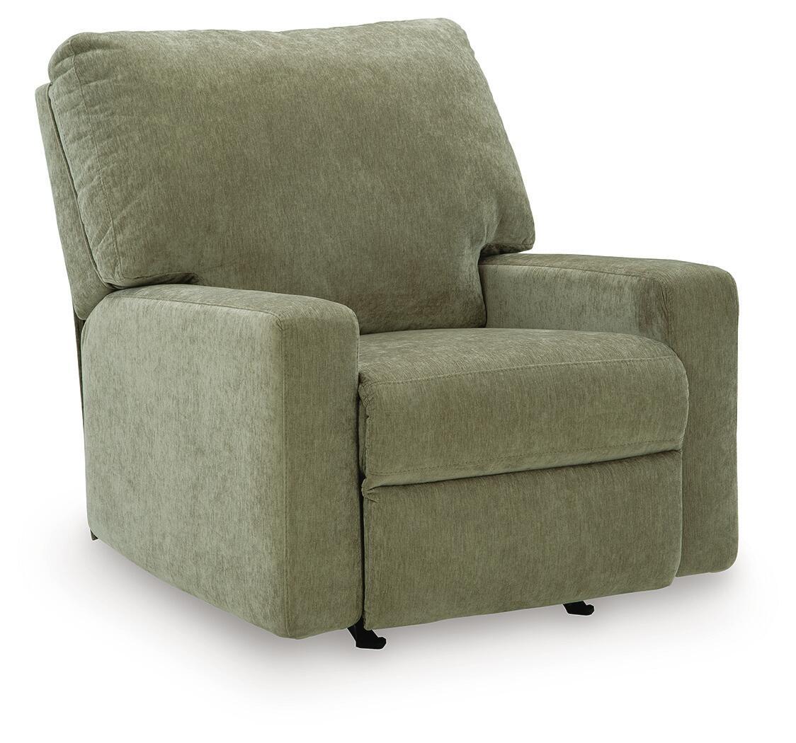 Green fabric rocker recliner chair with padded armrests and cushioned back.