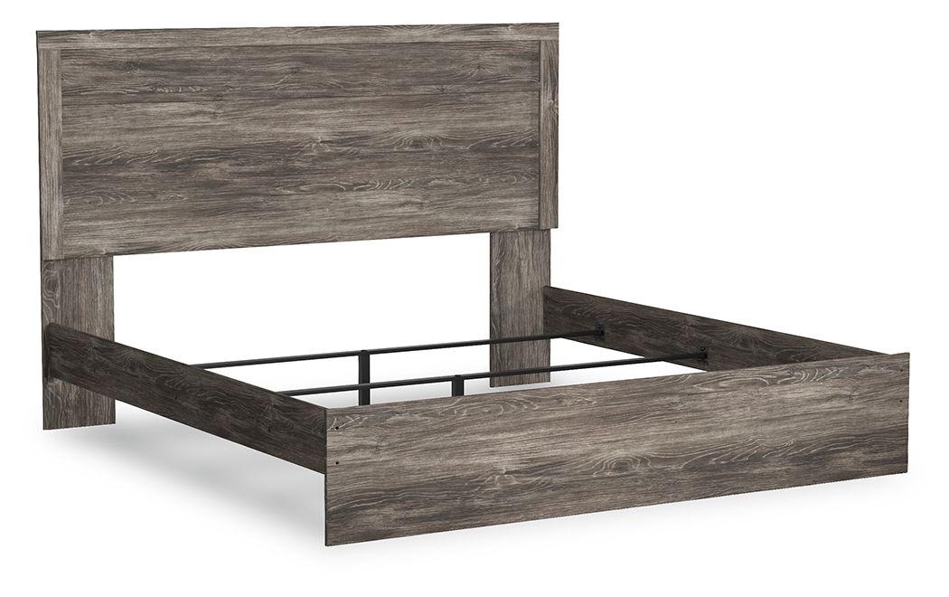 Panel bed frame in dark gray woodgrain, with headboard, footboard, and metal support slats