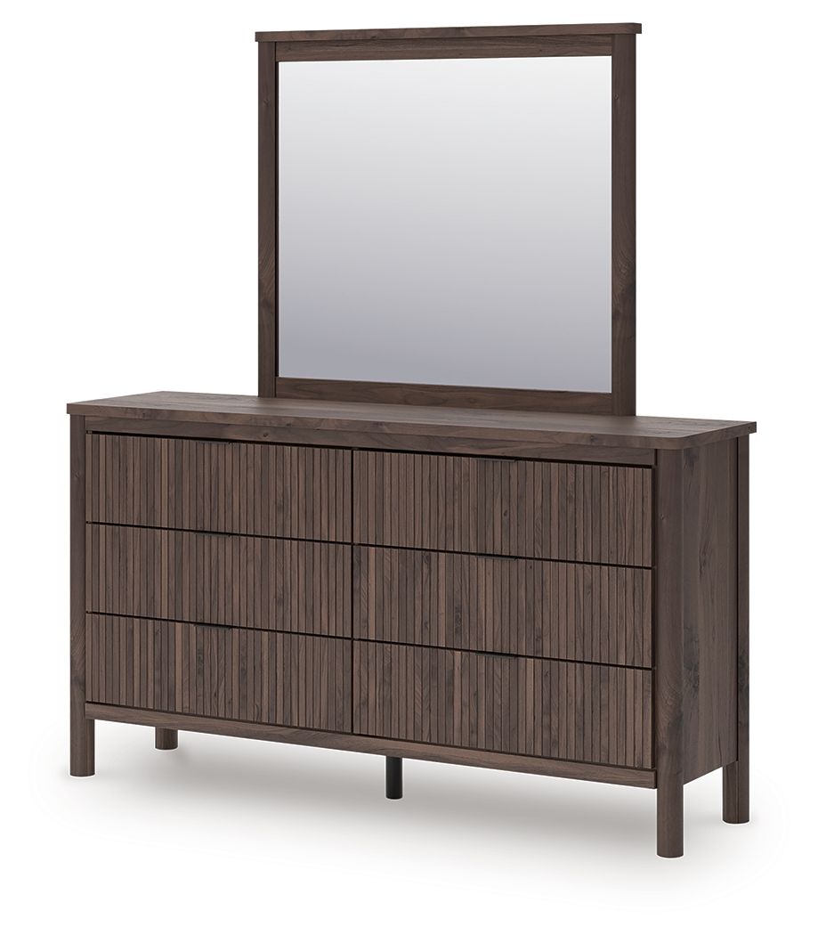 Dark brown dresser with tall mirror frame and vertical slat drawer fronts